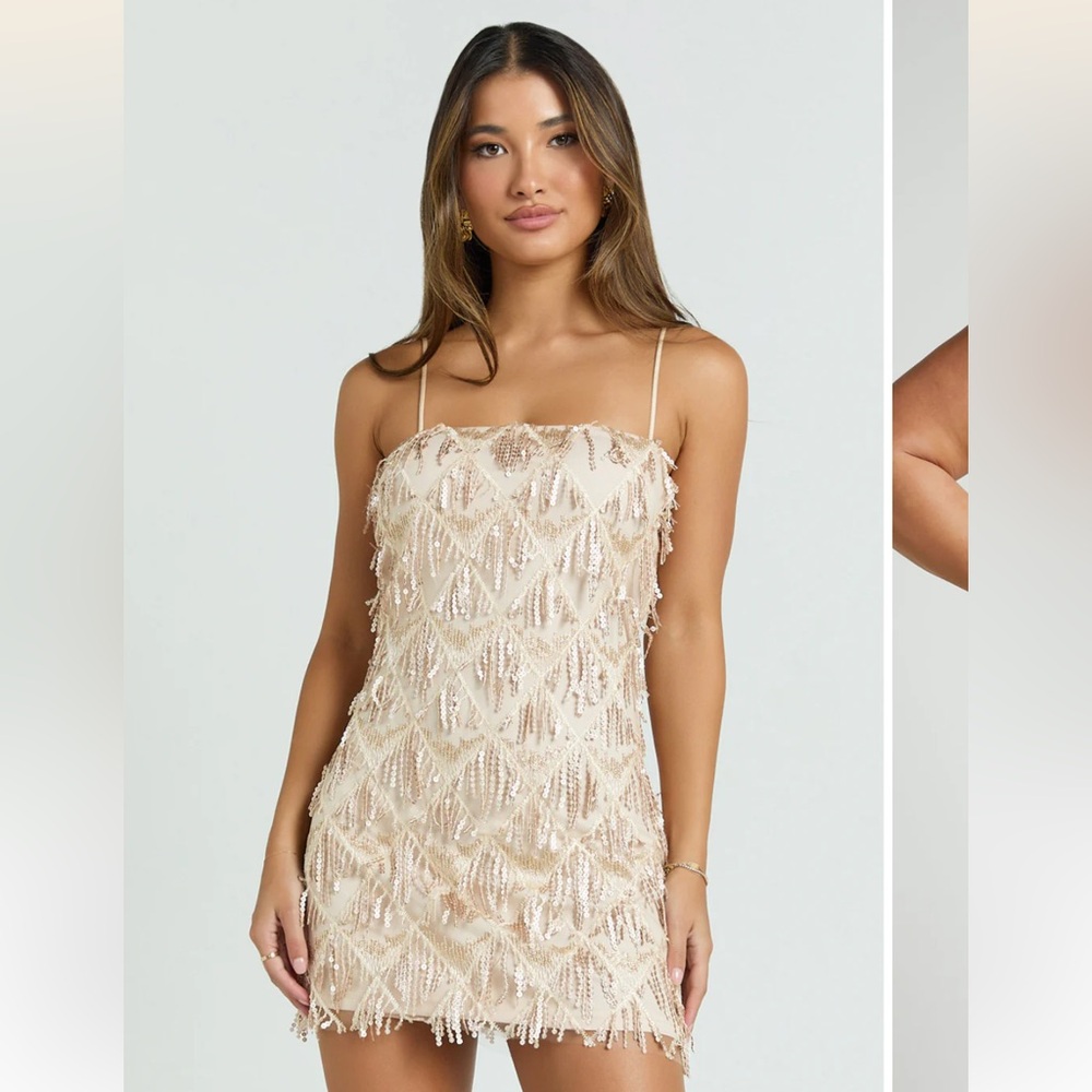 Showpo Beaded Fringe Mini Dress - Champagne